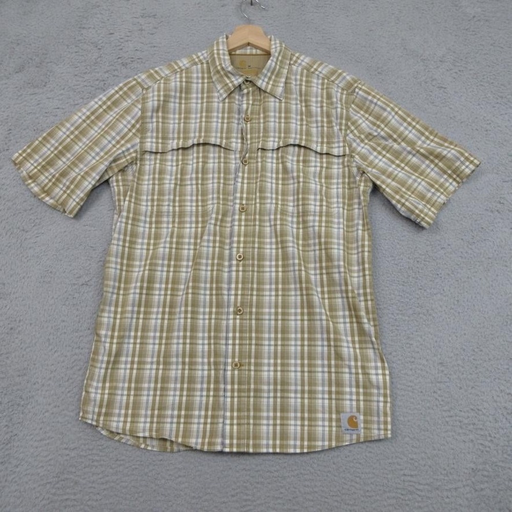 Carhartt Force Shirt Mens Medium Tan Plaid Short Sleeve Relaxed Fit Ripstop Work